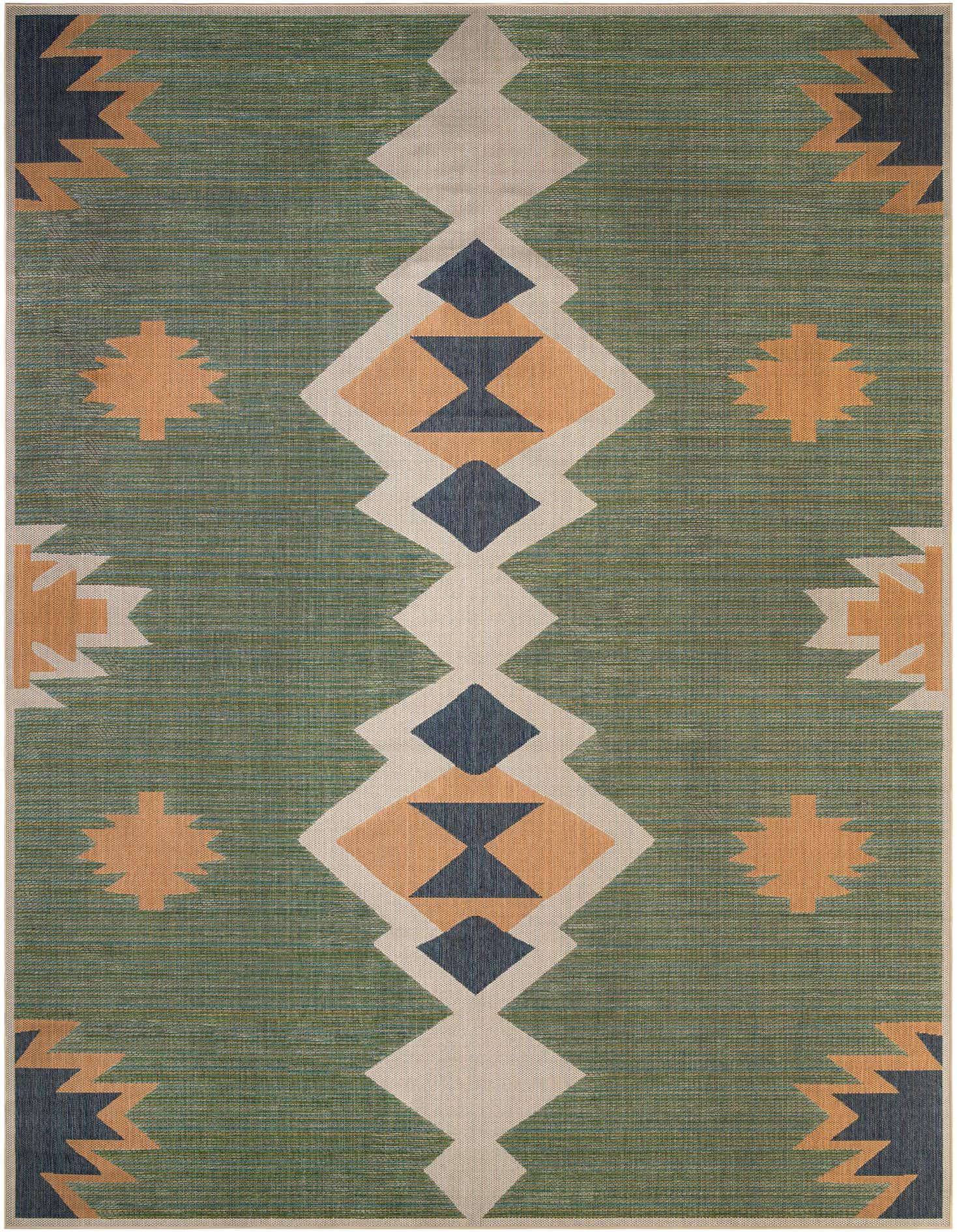 A 12x16 rectangular green Southwestern rug with a central column of cream, orange, and navy diamond patterns, flanked by scattered orange and navy tribal motifs.