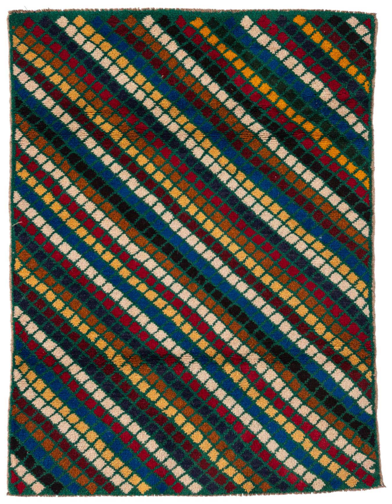 A rectangular 3x4 Balouch wool rug featuring a traditional tribal pattern of colorful diagonal stripes and small squares in shades of green, blue, red, gold, and cream.