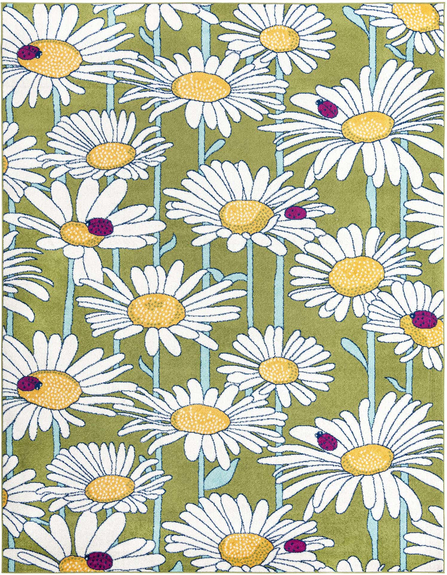 A rectangular 9x12 green area rug with a modern floral pattern of white daisies and purple ladybugs.