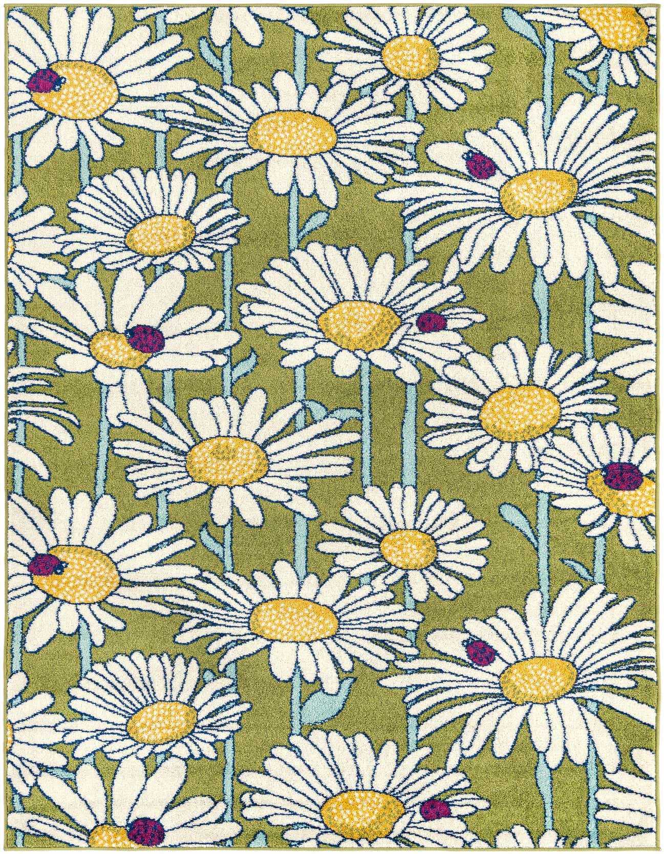 A 5x8 rectangular green rug with a modern floral pattern of white daisies, yellow centers, and small purple ladybugs.
