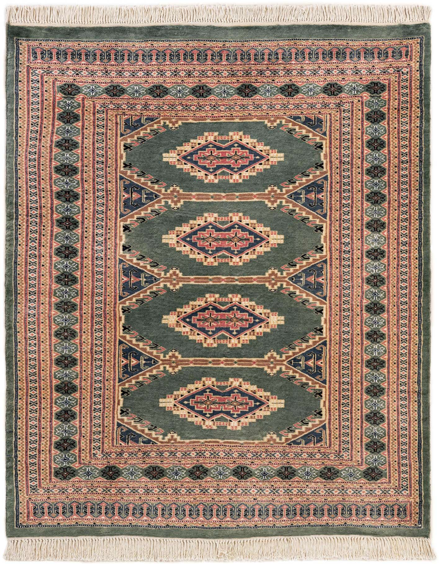 A 4x6 rectangular green tribal rug with traditional Oriental patterns and a detailed border, suitable for a living room.