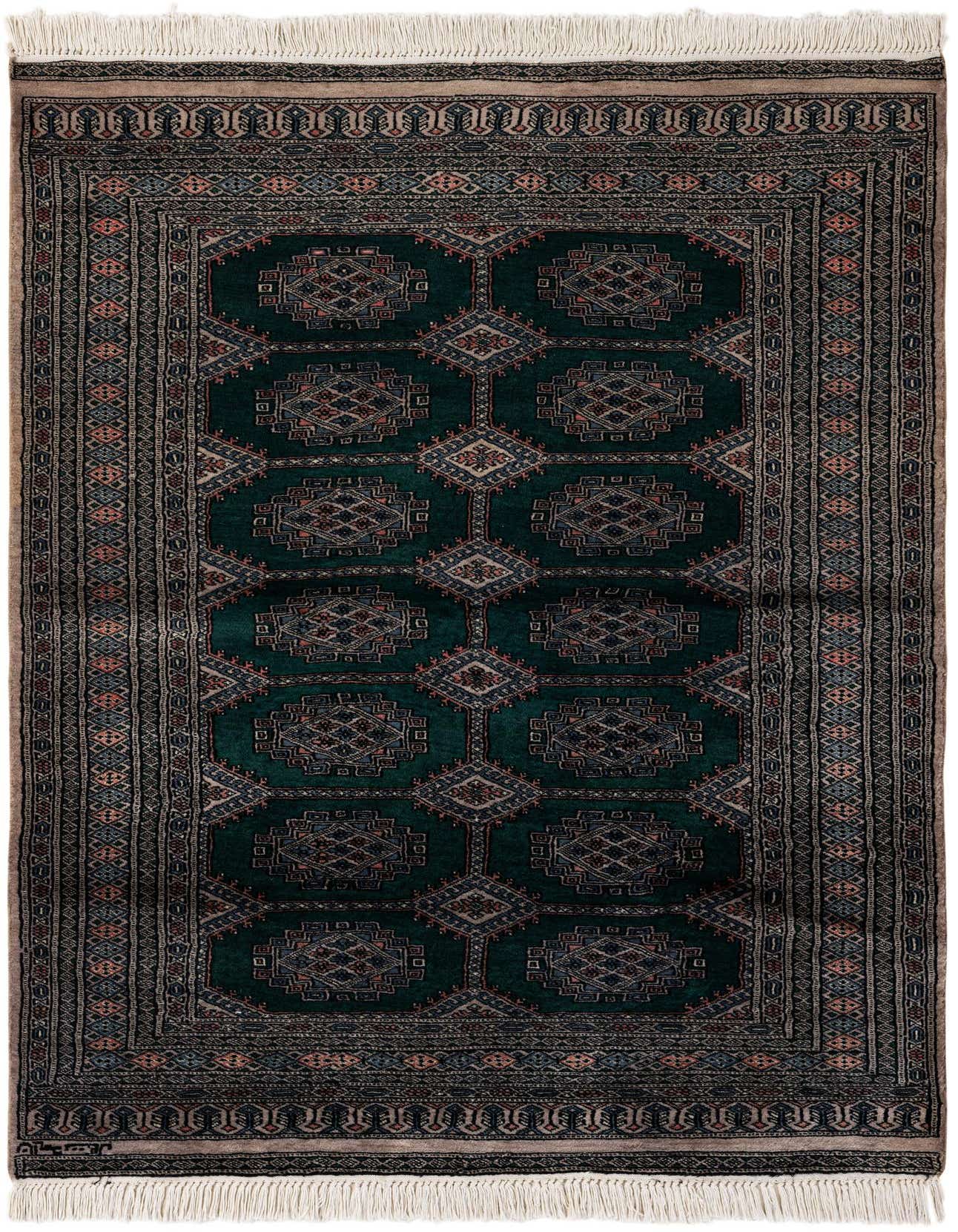 A 4x6 rectangular green tribal rug with intricate geometric patterns in shades of blue, red, and beige, featuring decorative borders and white fringe.