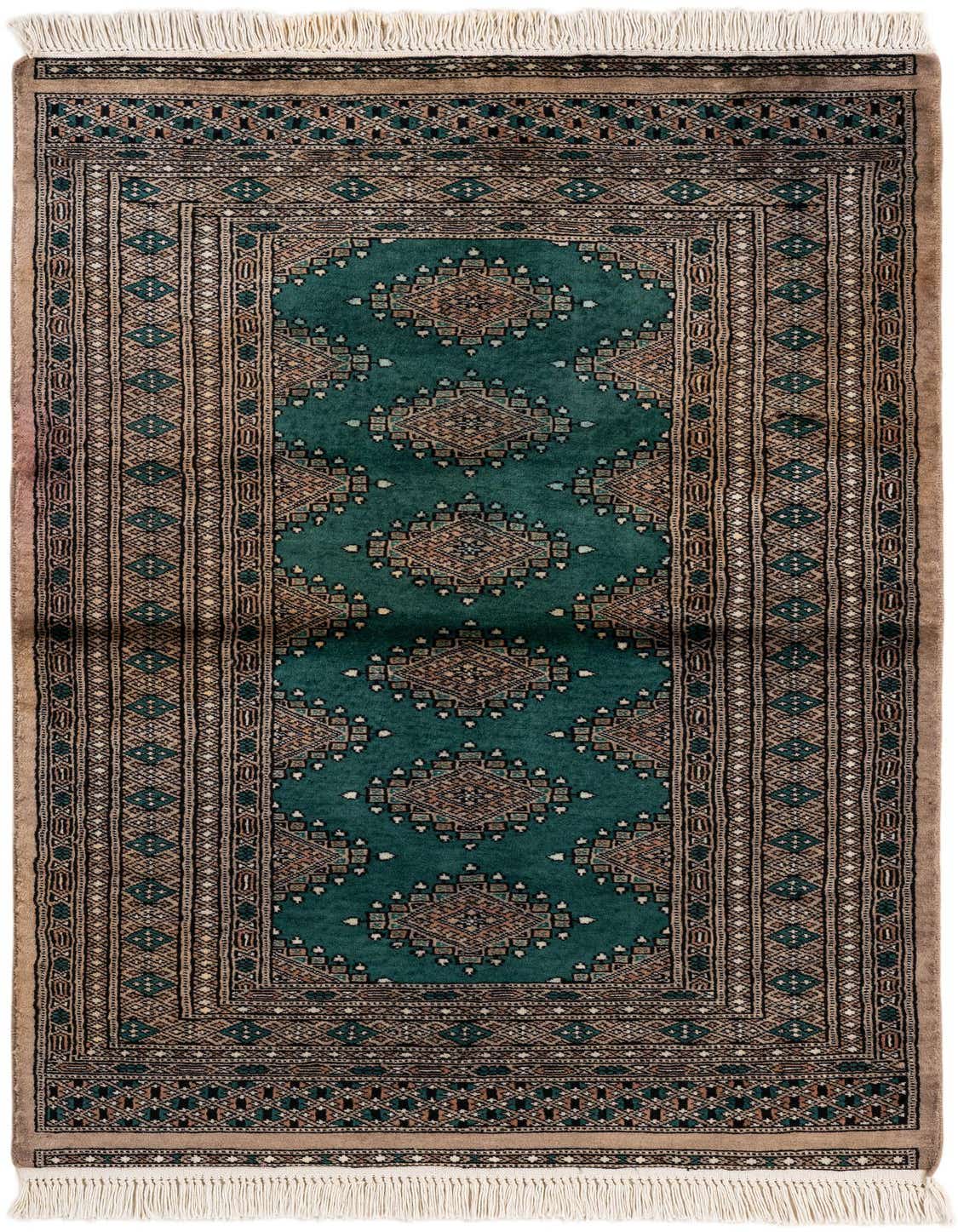 A 3x5 rectangular Bokhara rug featuring a deep green field with traditional tribal patterns and a beige border, handmade from wool.