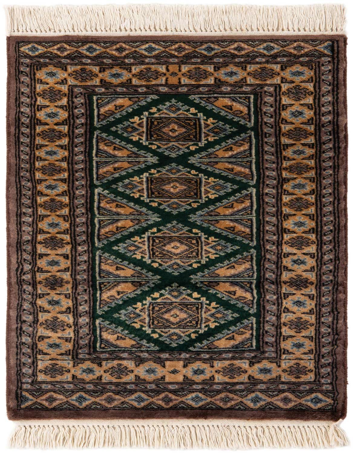 A 2x3 rectangular green tribal wool rug with gold, brown, and blue accents, featuring a central diamond pattern and decorative borders.