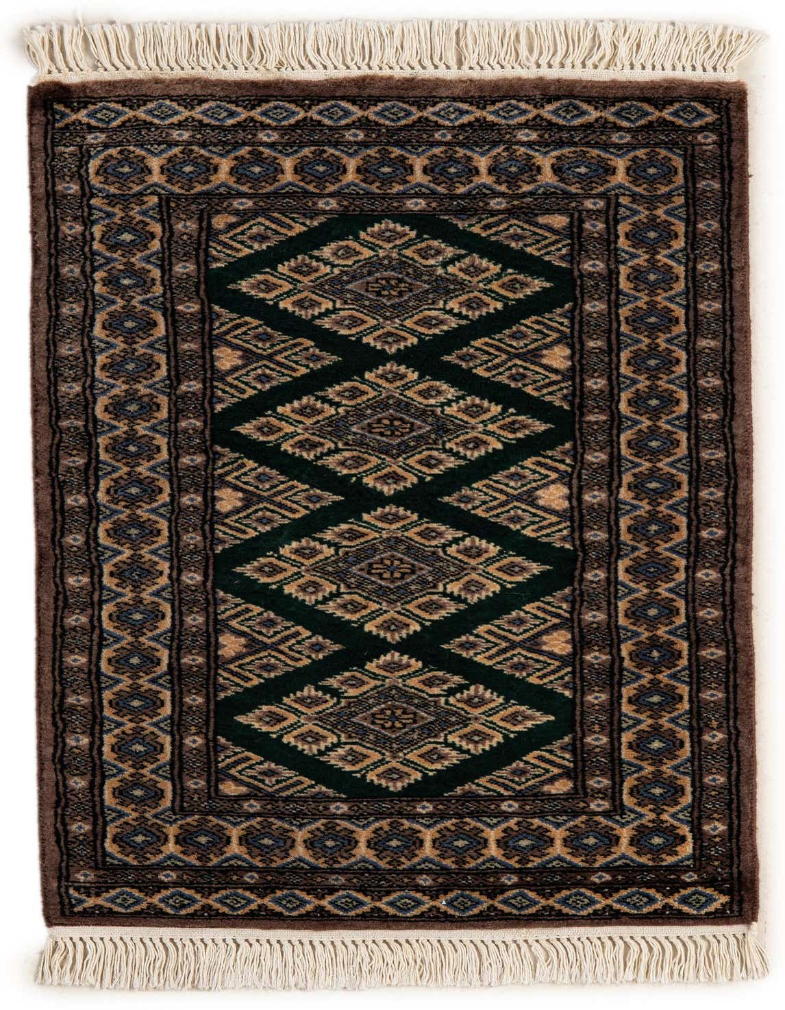 A 2x3 rectangular Bokhara rug with a deep green field, intricate diamond patterns in gold and blue, and a brown border, featuring white fringe.
