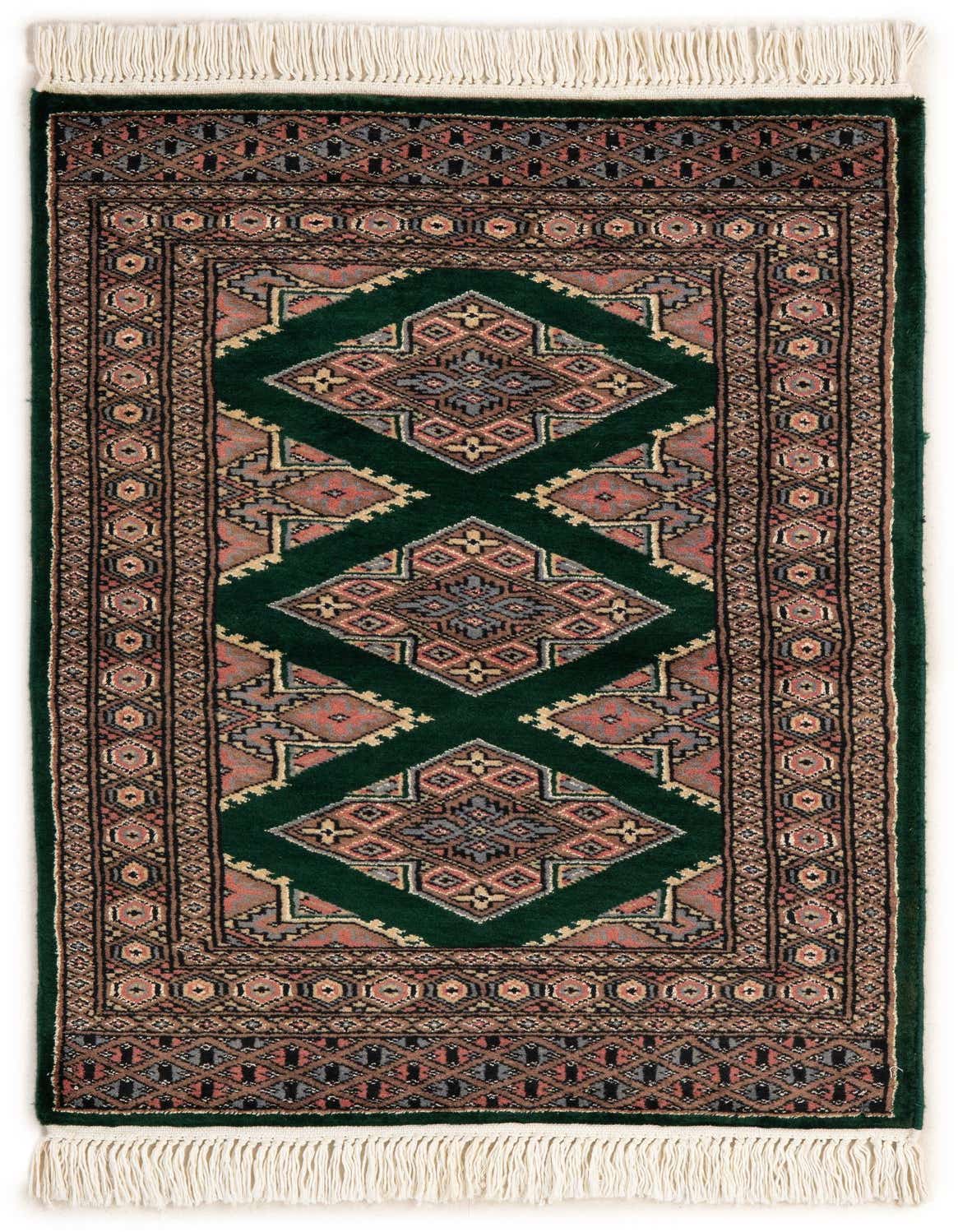 A 2x3 rectangular Bokhara rug features a deep green field with traditional tribal patterns in red, black, and beige, finished with white fringe.