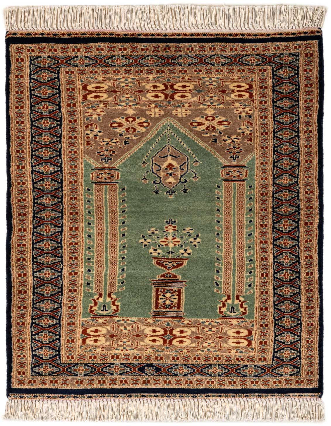 A 3x4 rectangular Bokhara rug featuring a traditional tribal pattern in shades of green, brown, and red, with white fringe.