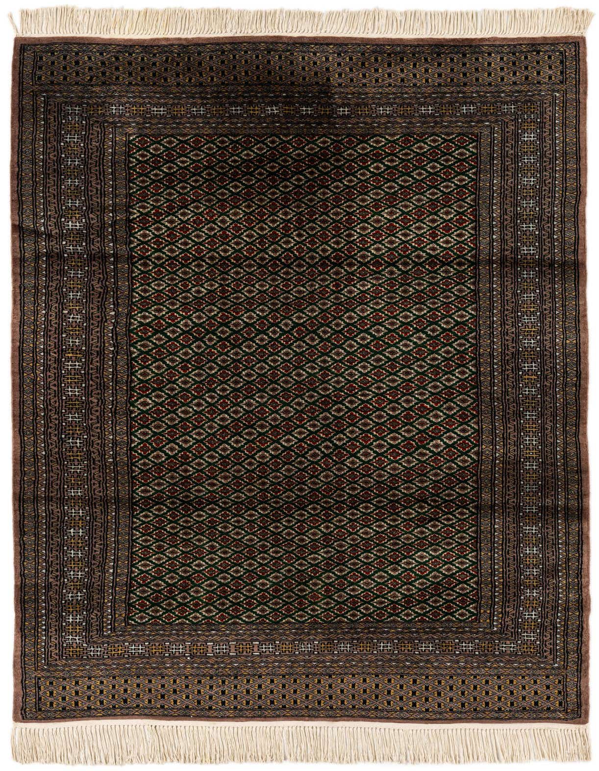 A 4x6 rectangular Bokhara rug with a traditional tribal pattern in greens, reds, and browns, featuring white fringe.