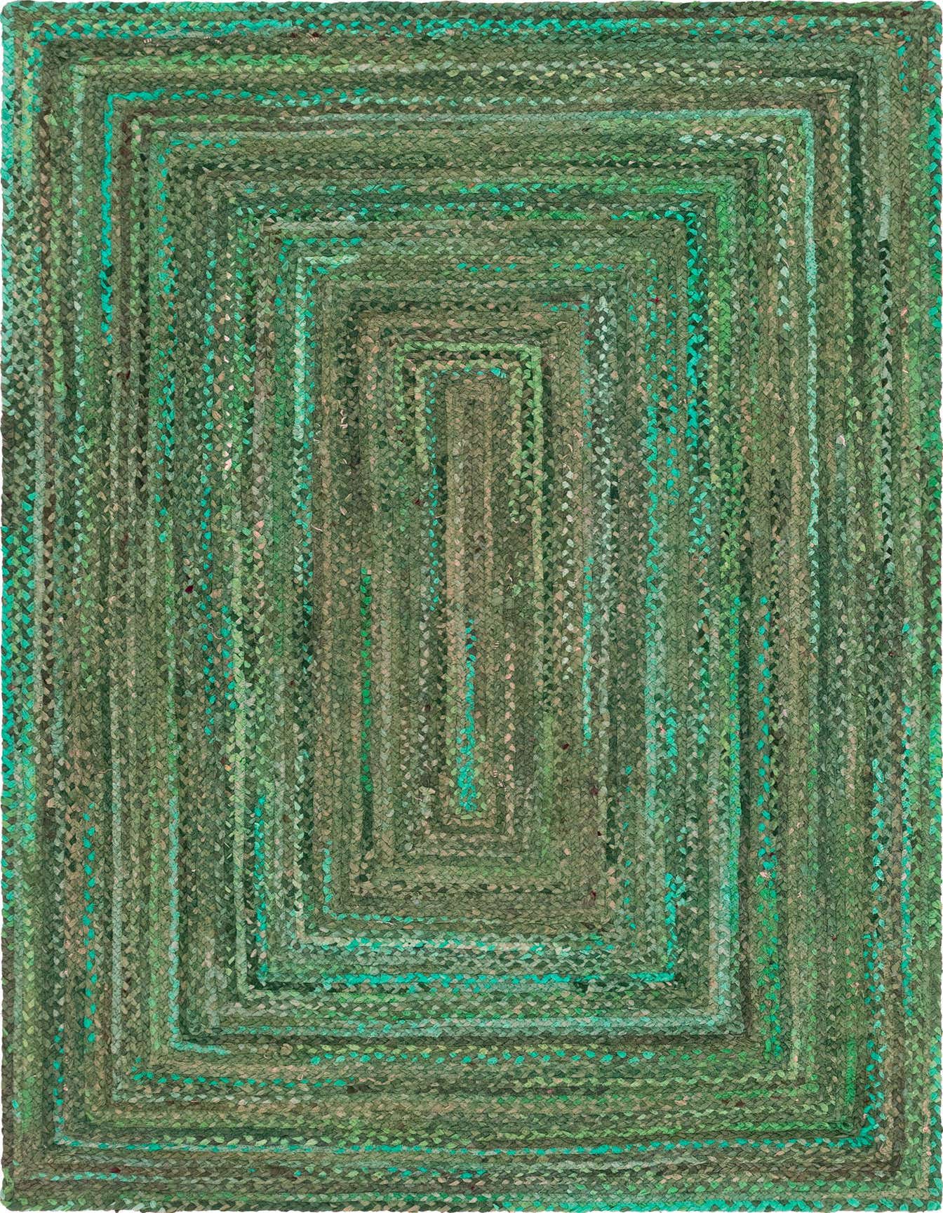 A 6x9 rectangular green braided chindi rug, handmade from recycled cotton, featuring a textured flatweave.