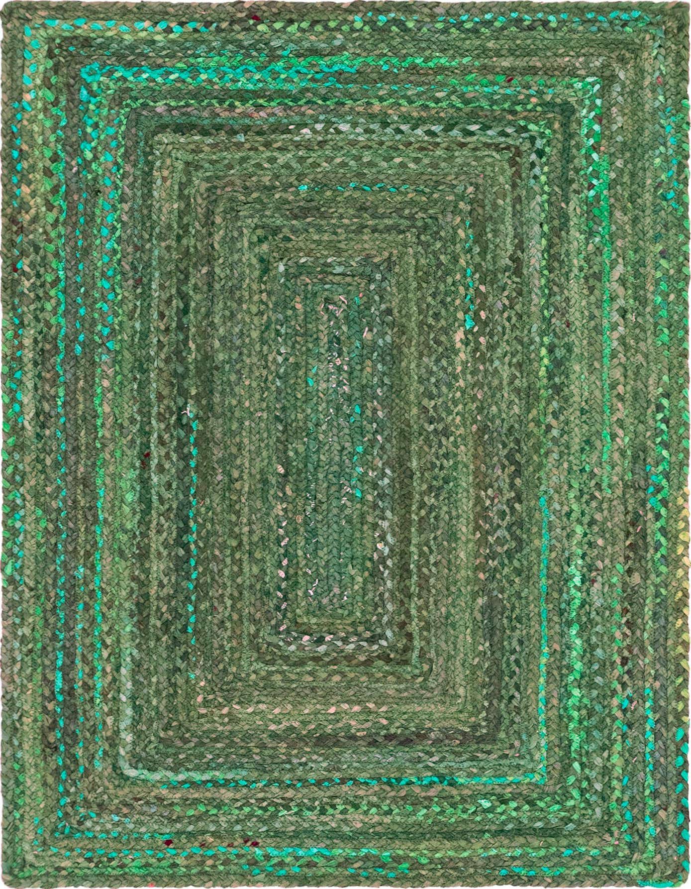 A 4x6 rectangular green braided chindi rug, handmade from recycled cotton, featuring a textured, flatweave construction.