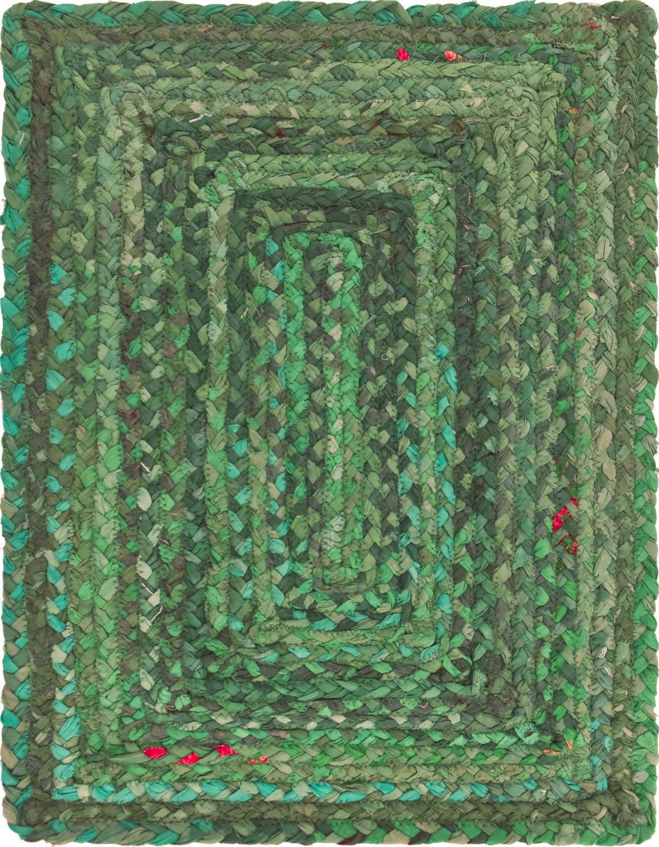 A 2x3 rectangular Braided Chindi rug in various shades of green, featuring a textured, braided cotton weave.