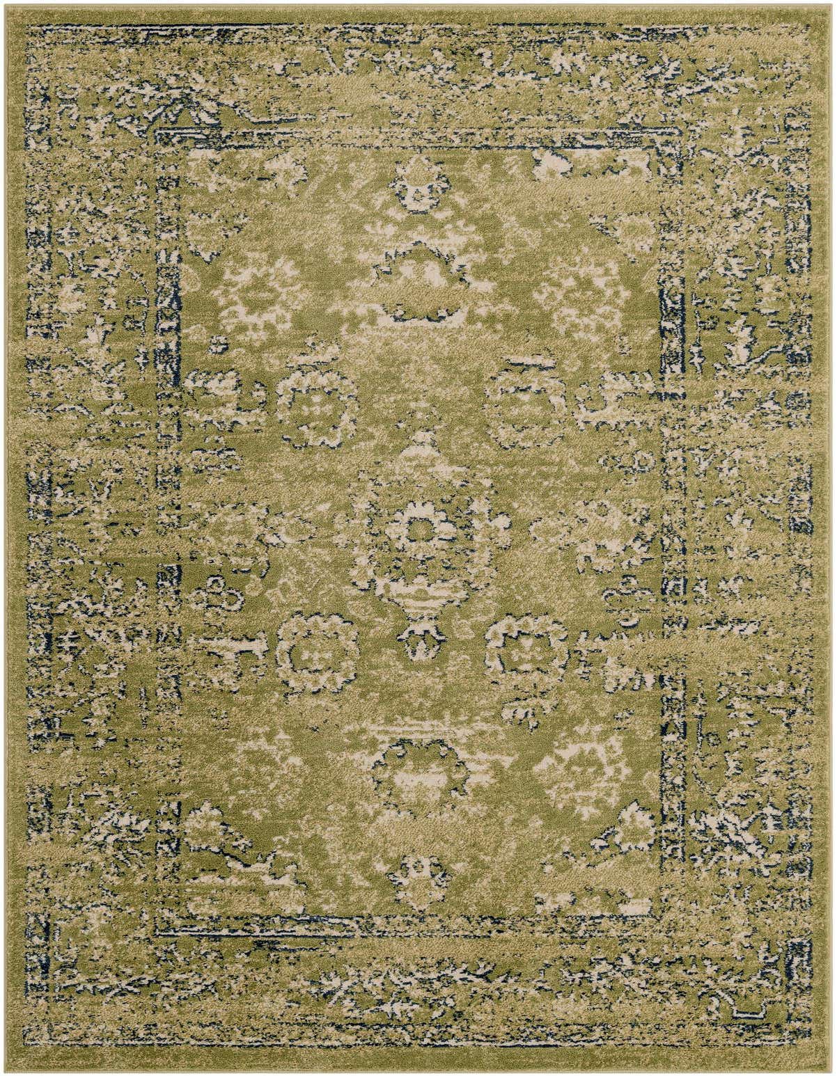 A 5x8 rectangular Charleston rug in shades of green with a distressed traditional medallion pattern, ideal for a living room.