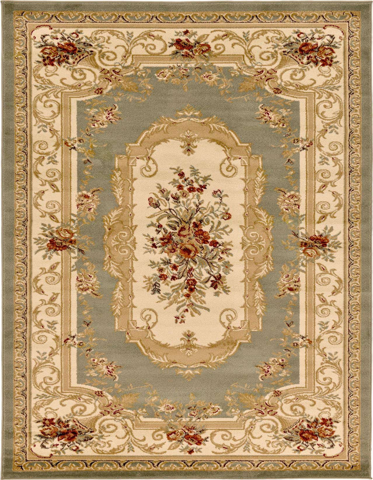 A 5x8 rectangular Chateau rug featuring a traditional French medallion pattern in shades of green, cream, and gold with floral accents.