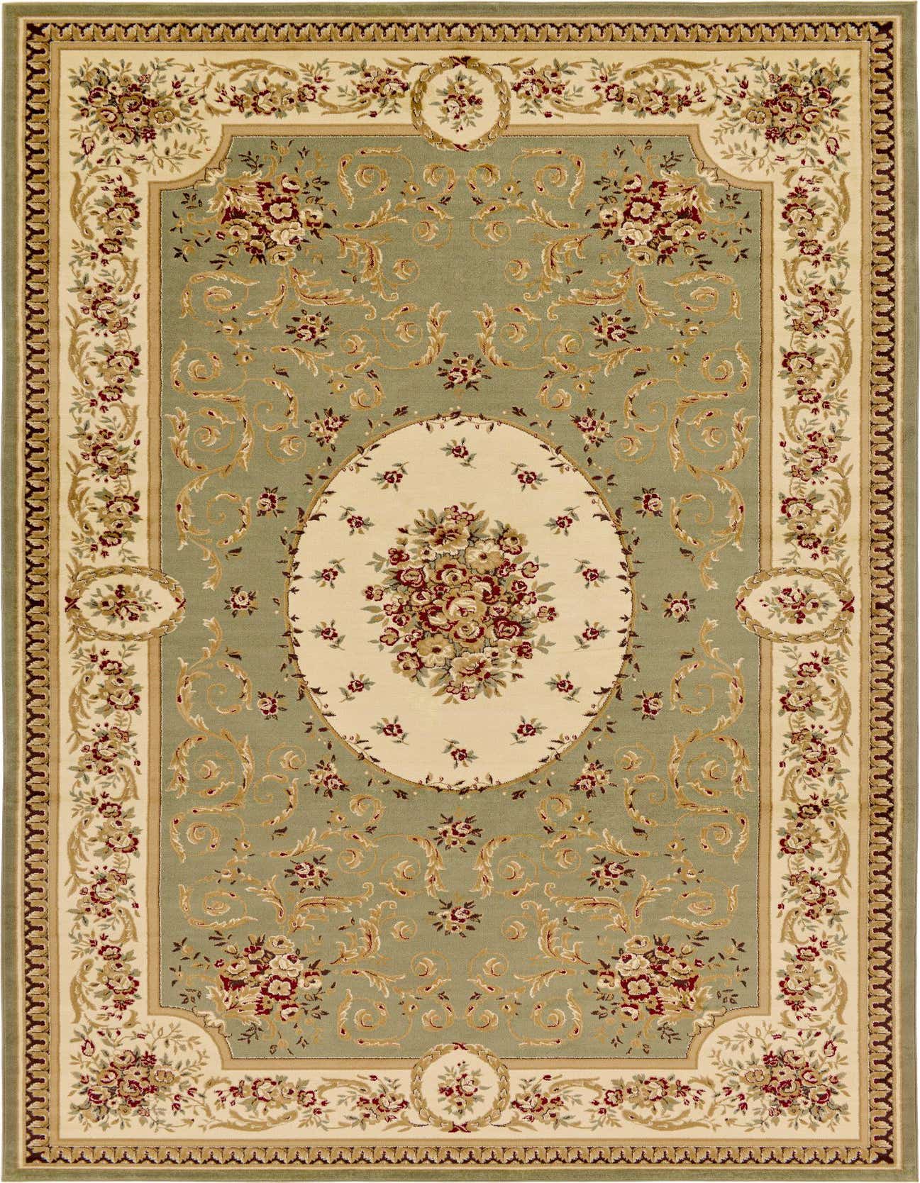 A large 10x16 rectangular Chateau rug in sage green with a cream border and traditional floral medallion pattern.