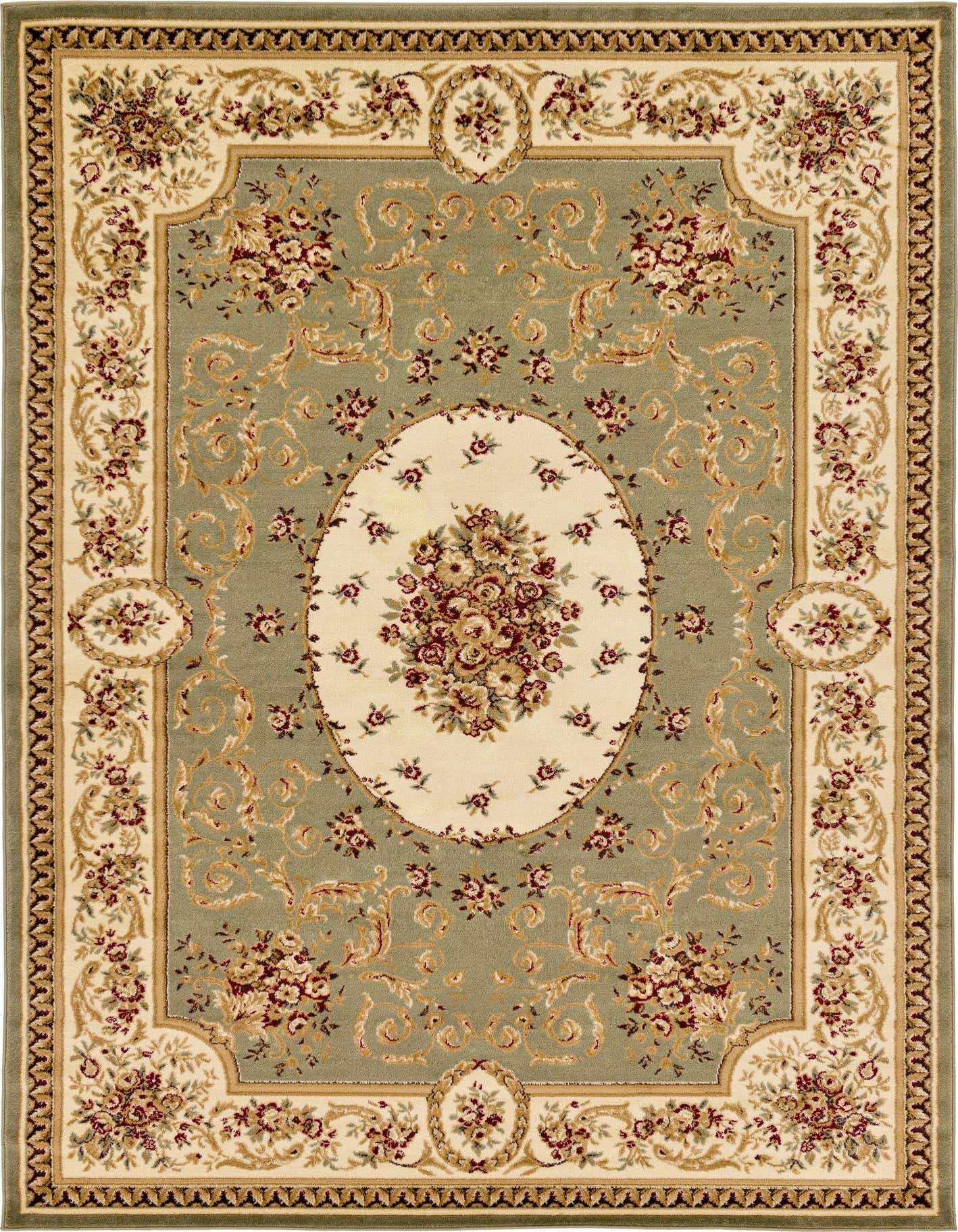 A 7x10 rectangular traditional rug featuring a sage green field with an ivory border and floral medallion.