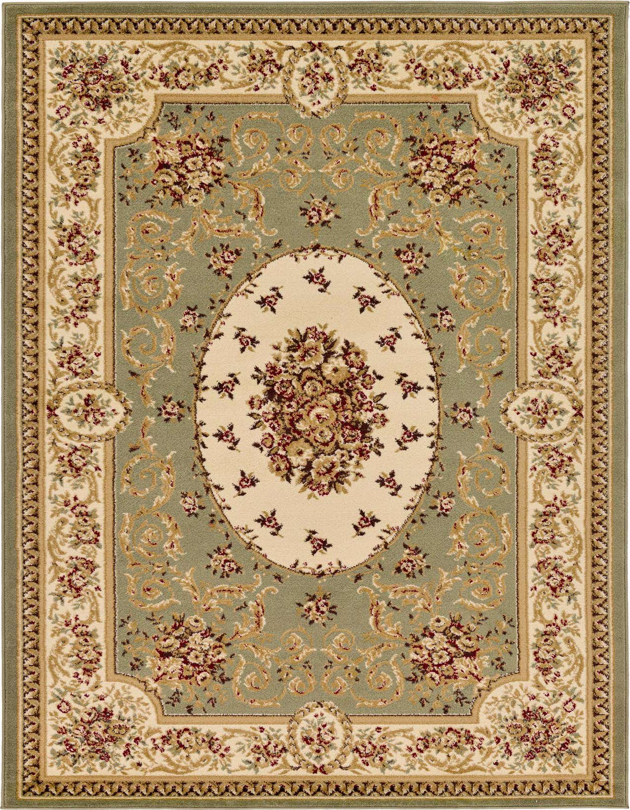 A 5x8 rectangular Chateau rug featuring a traditional green field with a cream medallion and floral border.