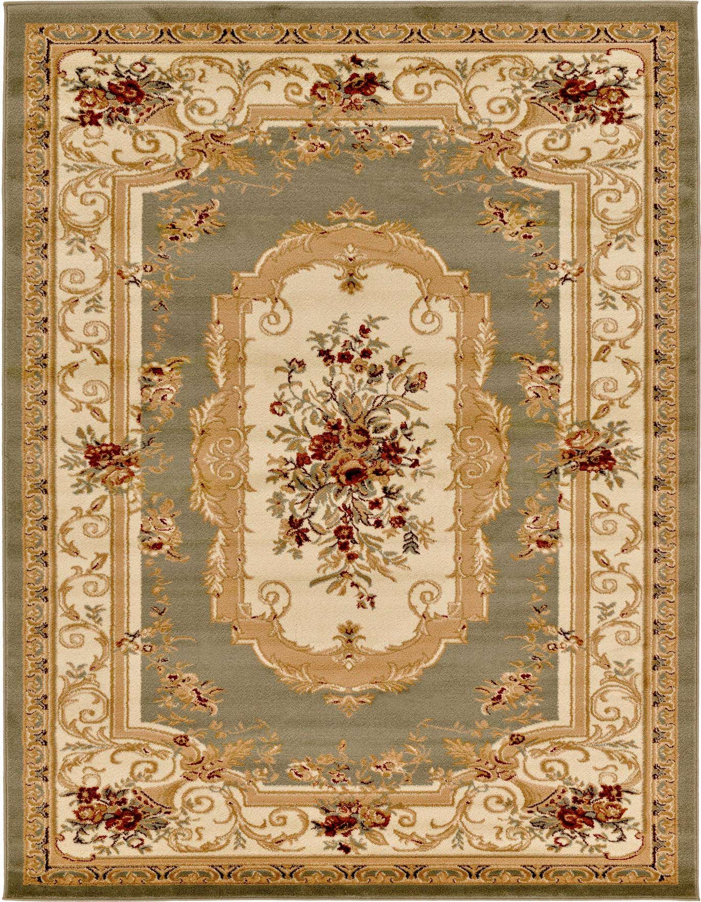 A 6x9 rectangular Chateau rug featuring a traditional botanical medallion pattern in greens, cream, and red tones, ideal for a living room.