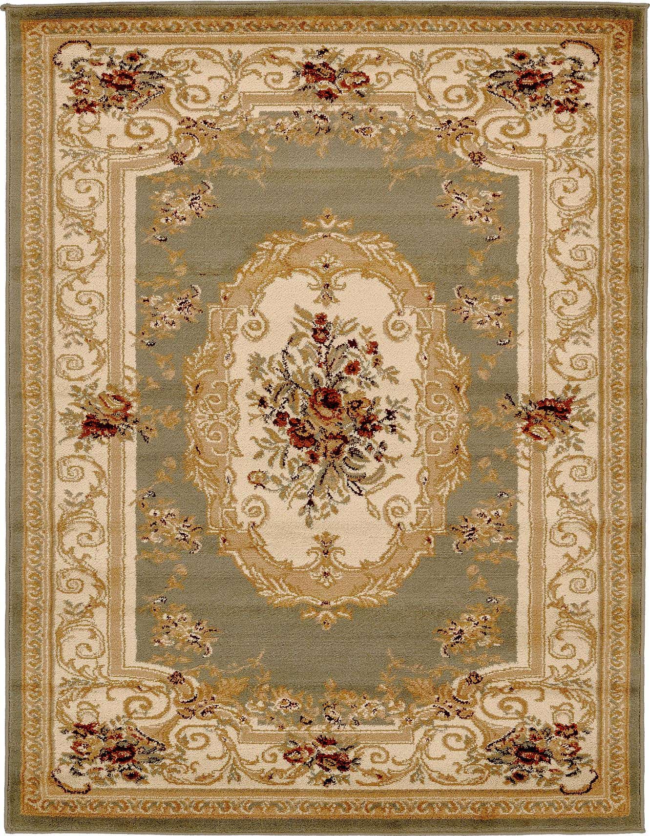 A 4x6 rectangular Chateau rug with a green field, cream border, and traditional botanical medallion pattern with red and gold accents.