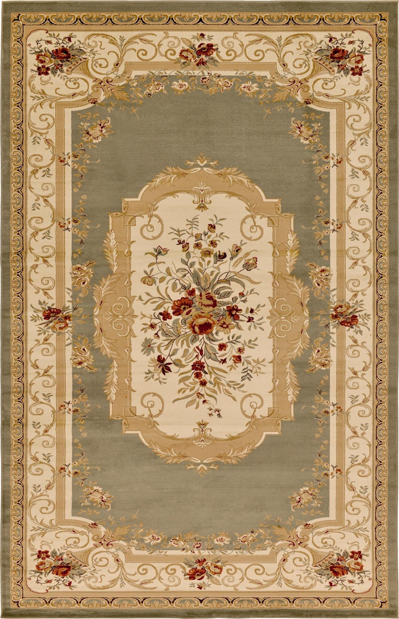 A large 10x16 rectangular Chateau rug in shades of green, cream, and gold, featuring a traditional Victorian floral medallion pattern.