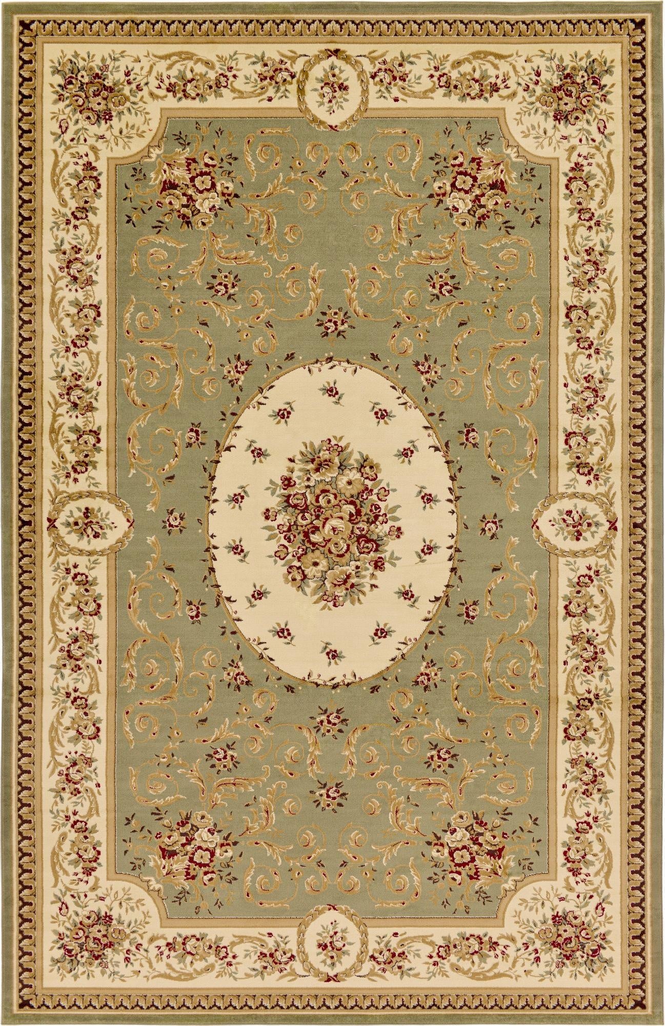 A large 10x16 rectangular Chateau rug in sage green with a cream border and traditional floral medallion pattern.