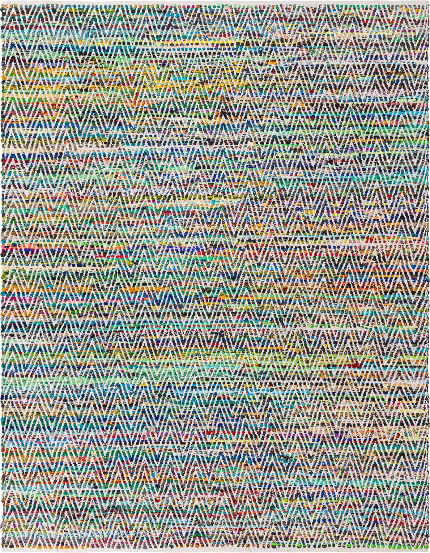 A 7x10 rectangular Chindi Chevron rug featuring a vibrant, multicolored abstract pattern with dominant greens and a textured flatweave.