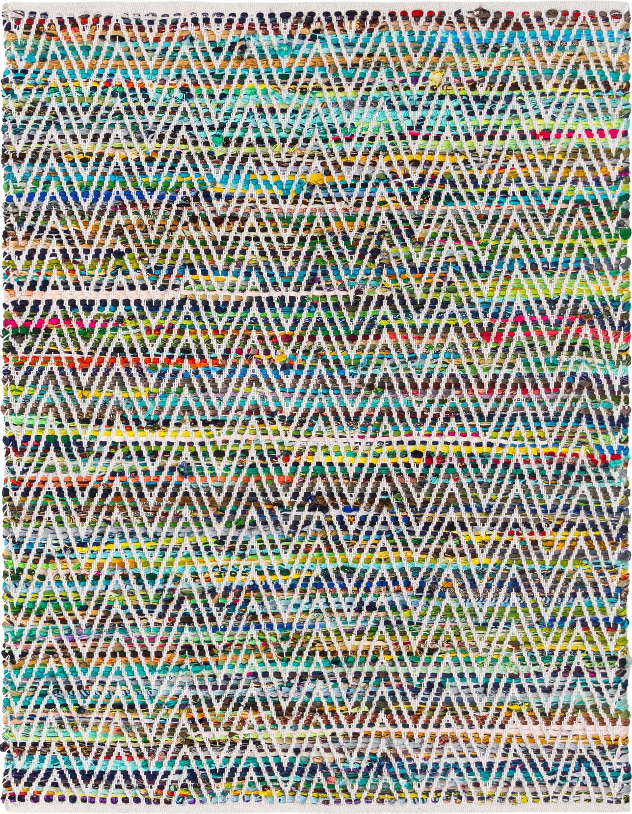 A 4x6 rectangular Chindi Chevron rug featuring a vibrant, multicolored abstract pattern with dominant greens and a white chevron overlay, suitable for a living room or office.