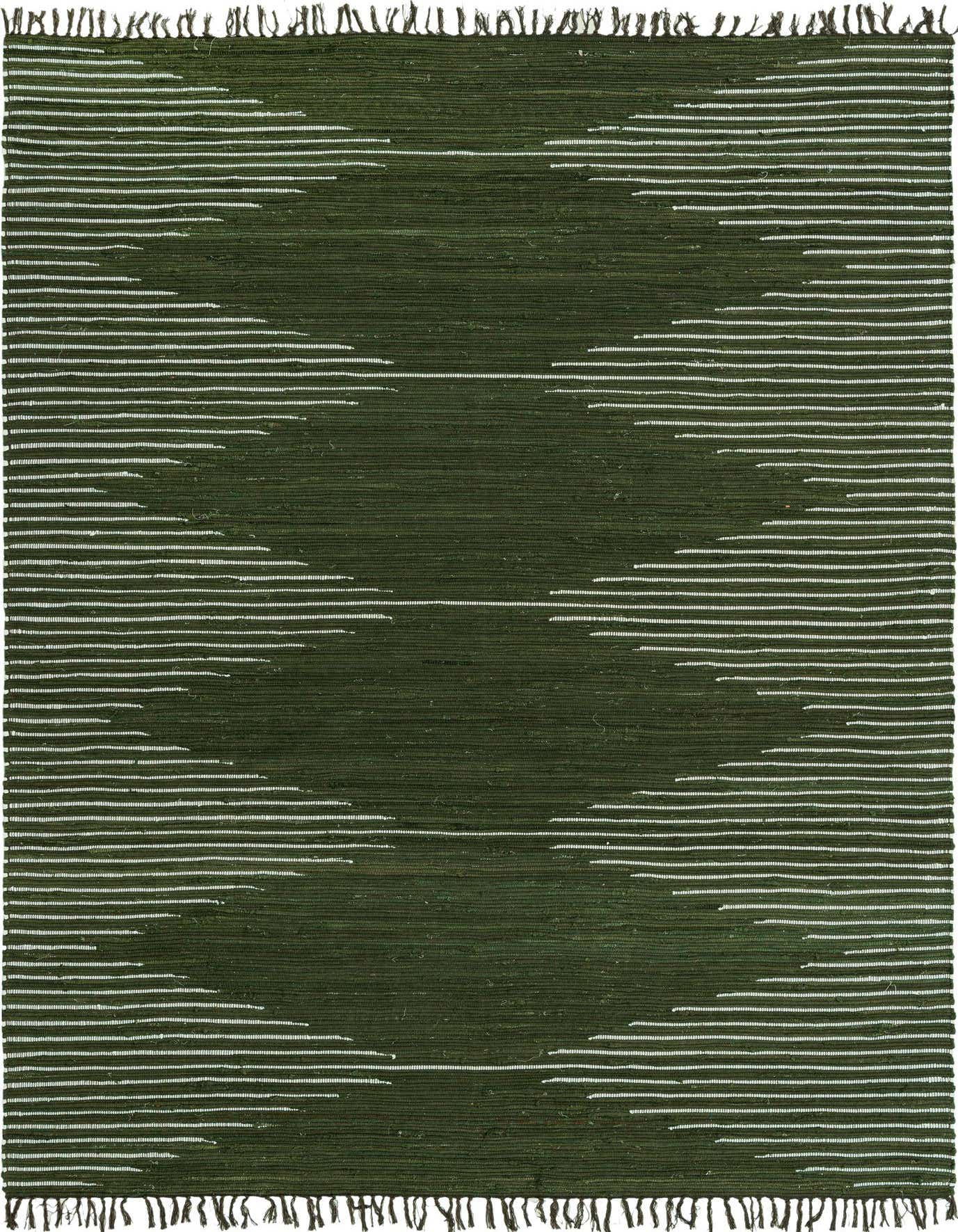 An 8x11 rectangular green Chindi Cotton rug with a subtle white striped geometric pattern and fringe.