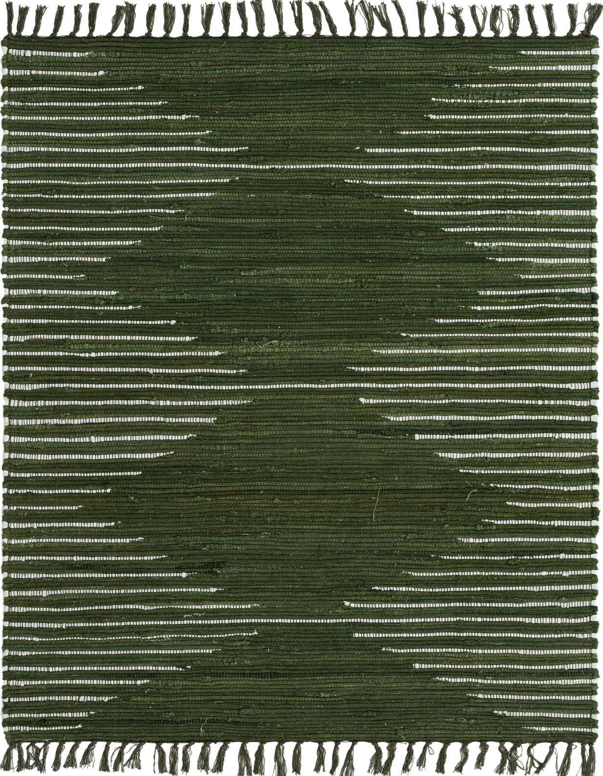 A 4x6 rectangular green Chindi cotton rug with a textured flatweave and fringe, featuring a subtle geometric pattern.