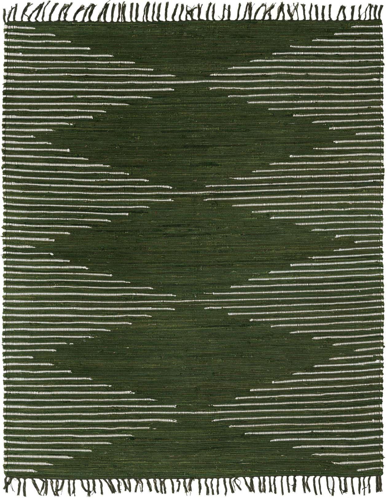 A 6x9 rectangular Chindi Cotton rug in deep green with subtle white horizontal stripes and fringed ends, suitable for a living room.
