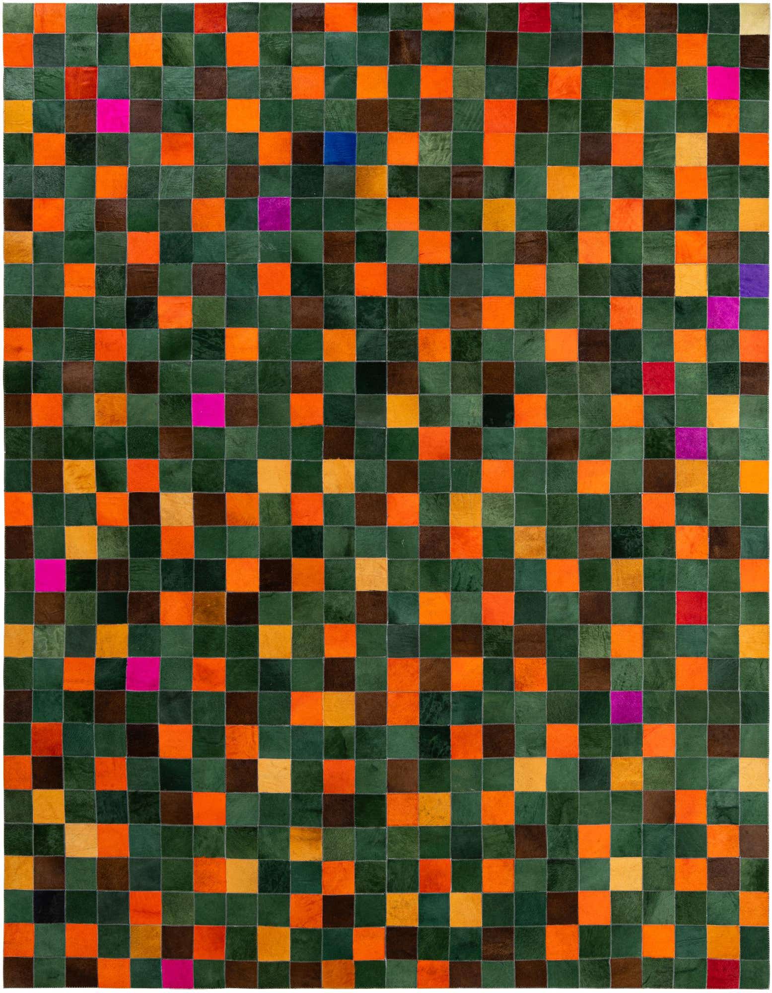 A rectangular 8x10 modern cowhide rug featuring a patchwork of green, orange, brown, and occasional pink and blue squares.