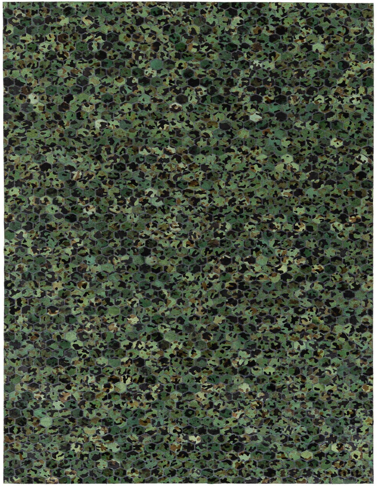 A 5x8 rectangular Cowhide Stocks rug by Rugs.com with a modern green camouflage pattern, ideal for a living room.