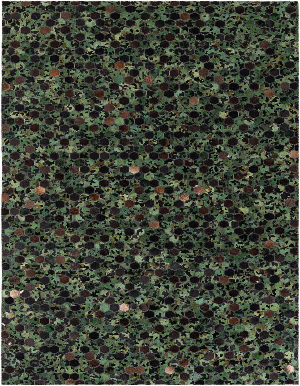 A rectangular 5x8 green modern cowhide rug with a hexagonal pattern and varied green, brown, and black tones.