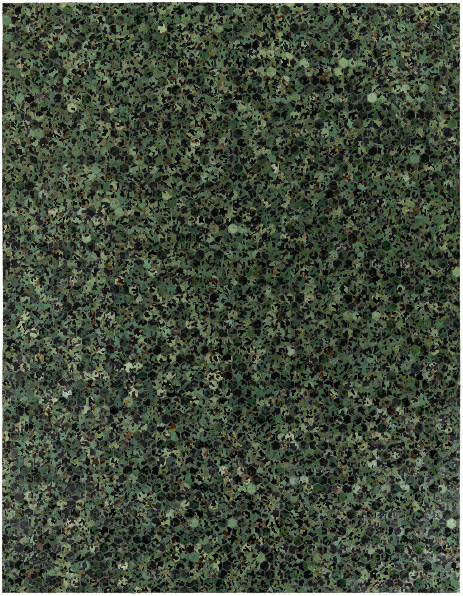 8x10 rectangular Cowhide Stocks rug in various shades of green, black, and brown, featuring a modern hexagonal mosaic pattern.