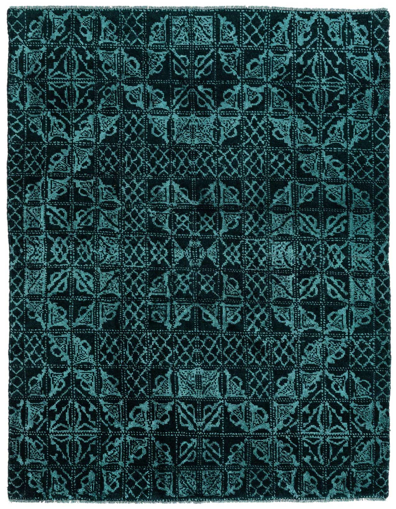 A 5x8 rectangular Darya rug with a high pile, featuring a modern oriental abstract pattern in varying shades of green.