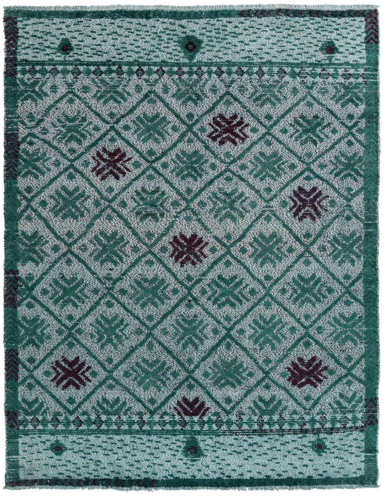 A 5x8 rectangular Darya rug in varying shades of green with a modern oriental abstract pattern and burgundy accents.
