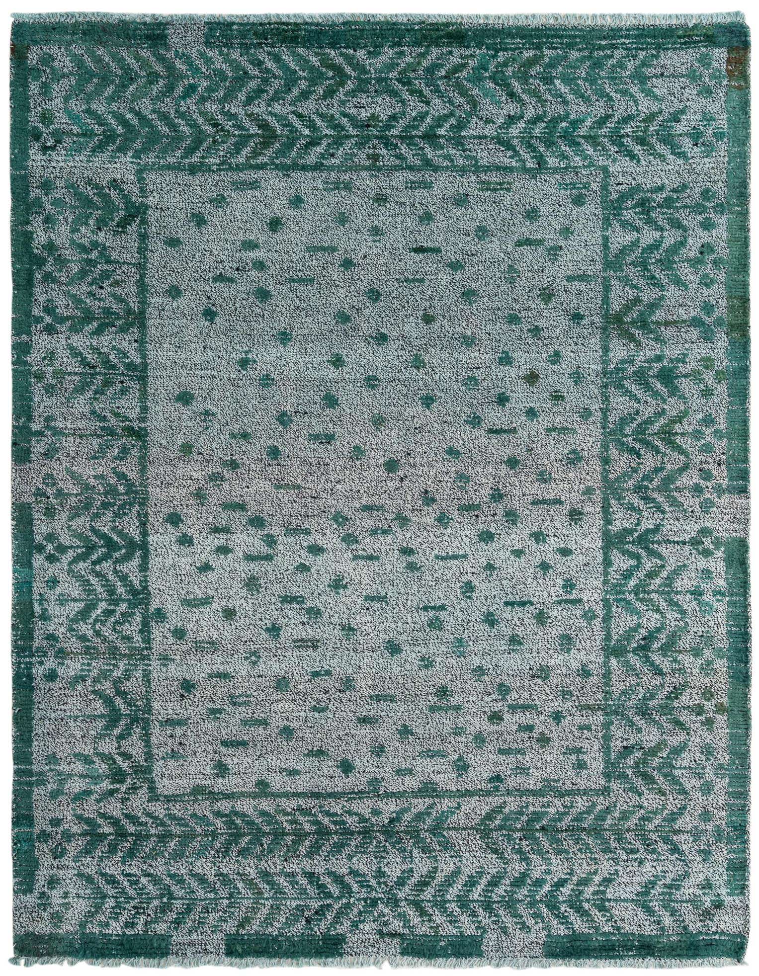 A 5x8 rectangular Darya rug in shades of green, featuring a modern abstract pattern with an oriental border.