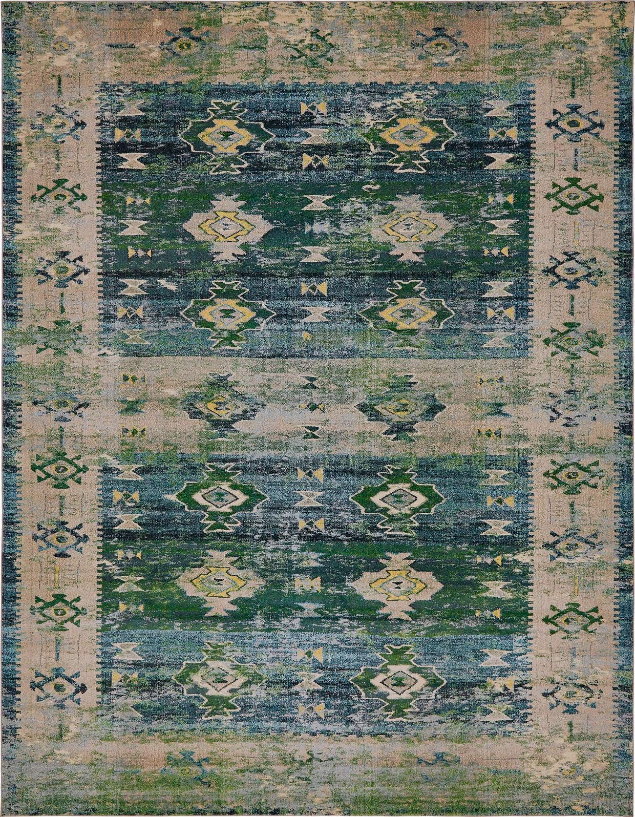 Rectangular El Paso rug with an eclectic, distressed green, blue, and beige tribal pattern, perfect for a living room.