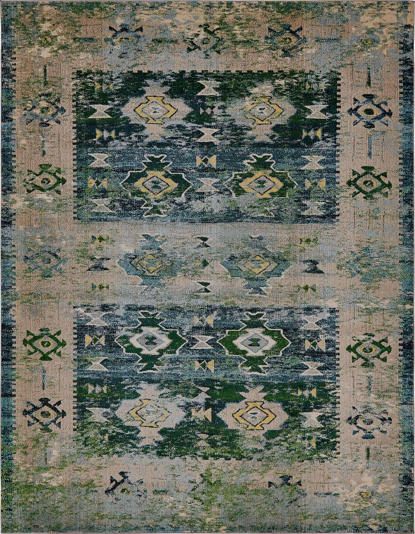 A 9x12 rectangular El Paso rug featuring a distressed Bohemian pattern in shades of green, blue, and beige.