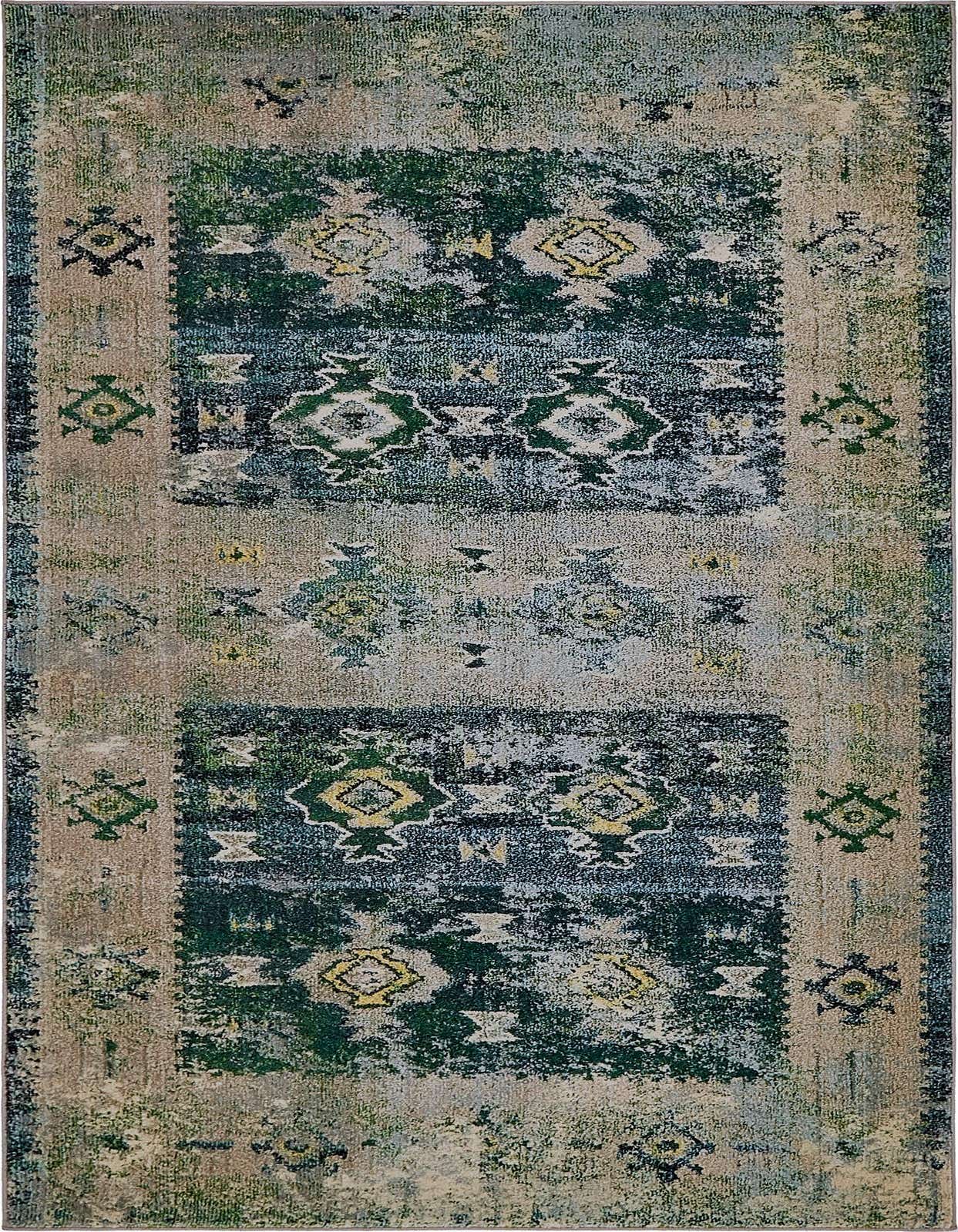 A 5x8 rectangular El Paso rug featuring a distressed bohemian pattern in shades of green, blue, and beige.
