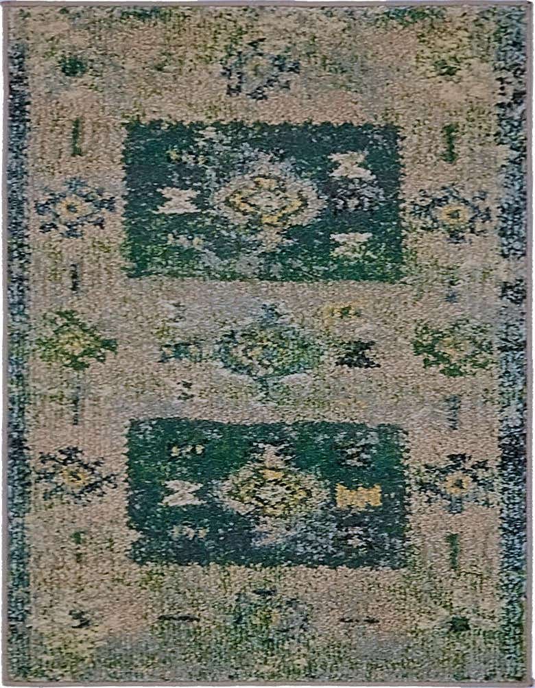 A 2x3 rectangular El Paso rug with a distressed Bohemian pattern in shades of green, cream, and hints of yellow, suitable for a kitchen or entryway.