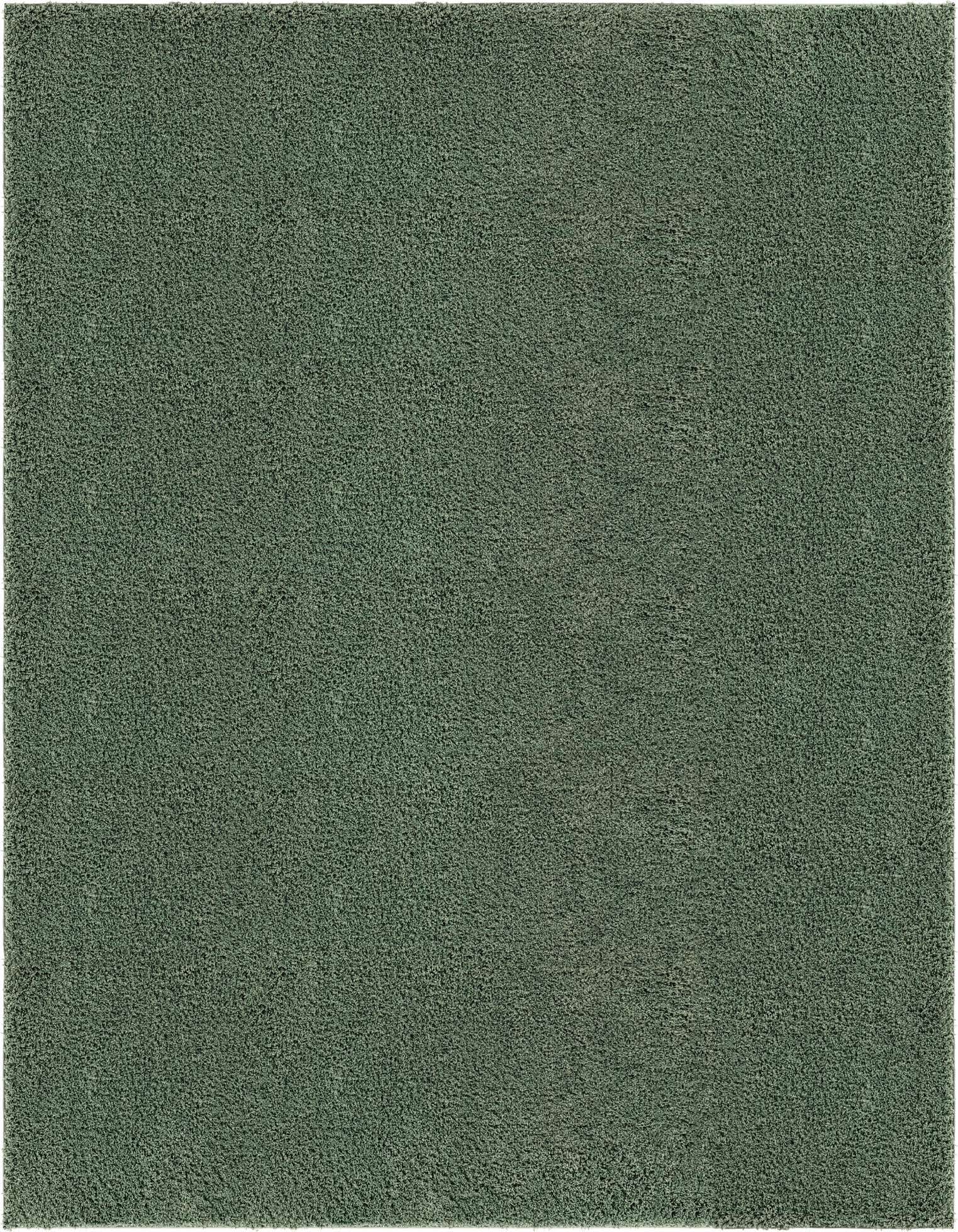 A 10x13 rectangular green shag rug with a textured, plush pile, perfect for a modern living room.