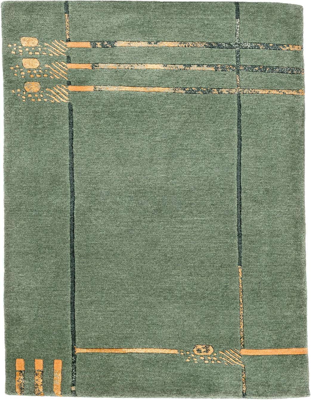 A 3x5 rectangular Gabbeh rug featuring a modern abstract design in shades of green with orange and dark accents.