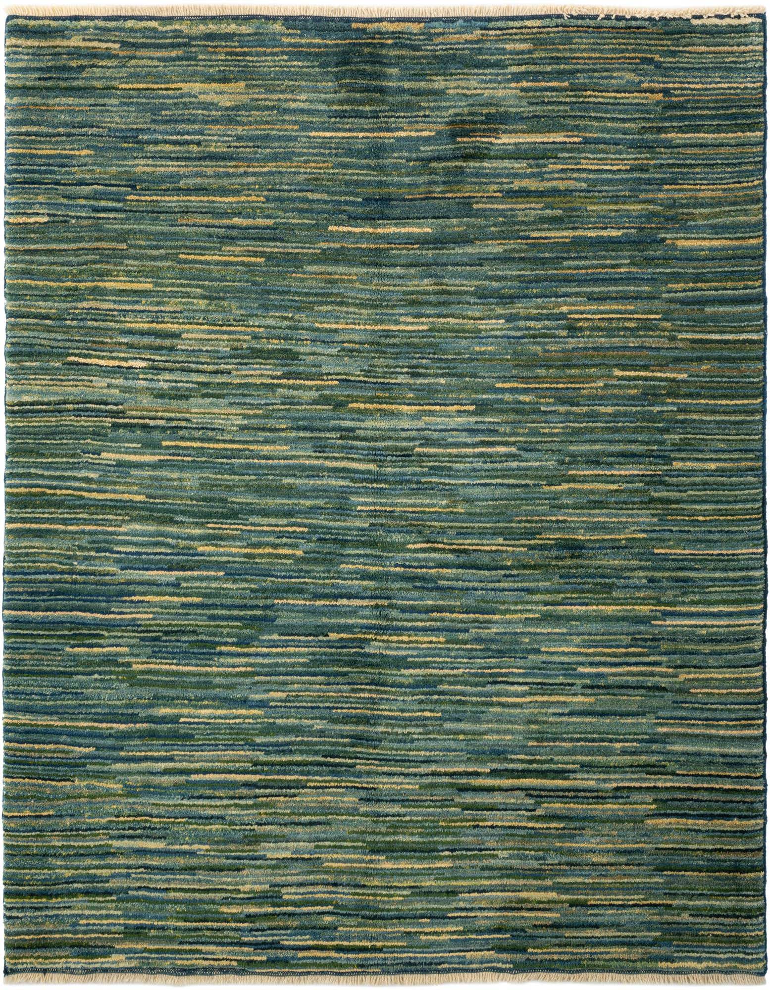 A 4x6 rectangular Gabbeh rug featuring a modern stripe pattern in various shades of green and subtle gold tones.