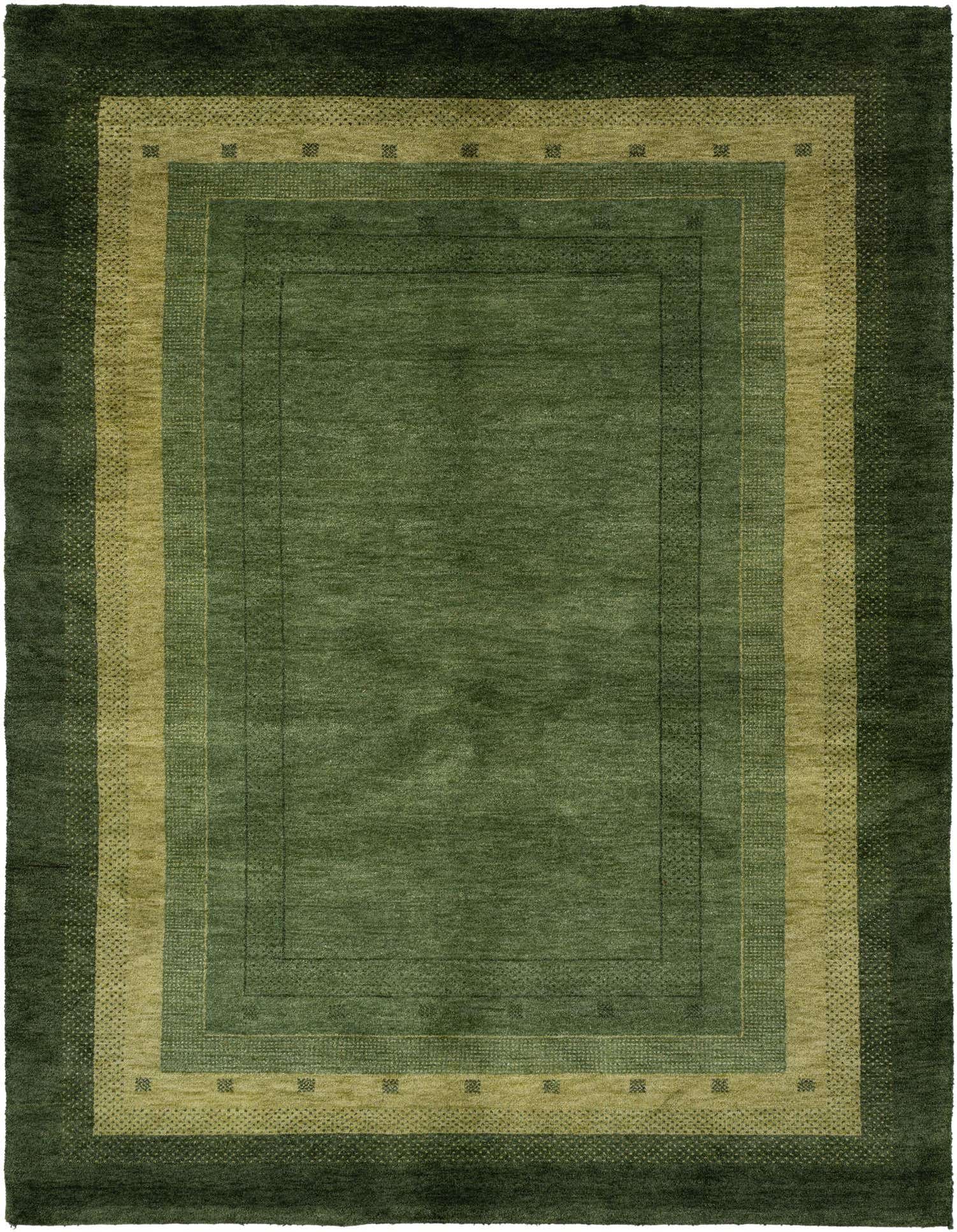 A 5x8 rectangular Gabbeh rug featuring a modern abstract pattern in varying shades of green, with a medium pile.