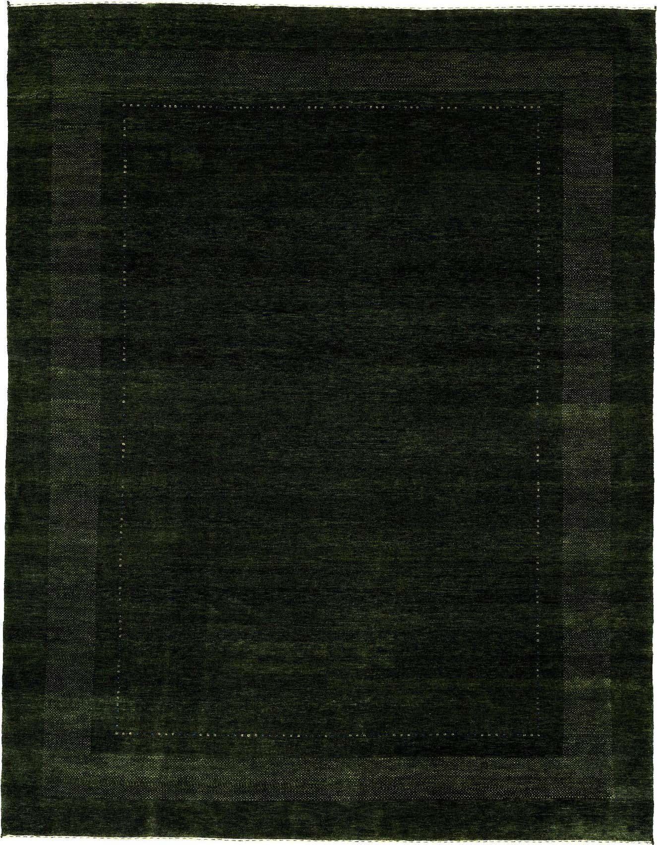 A 6x9 rectangular Gabbeh rug in deep forest green, featuring a subtle modern border pattern, perfect for a living room.