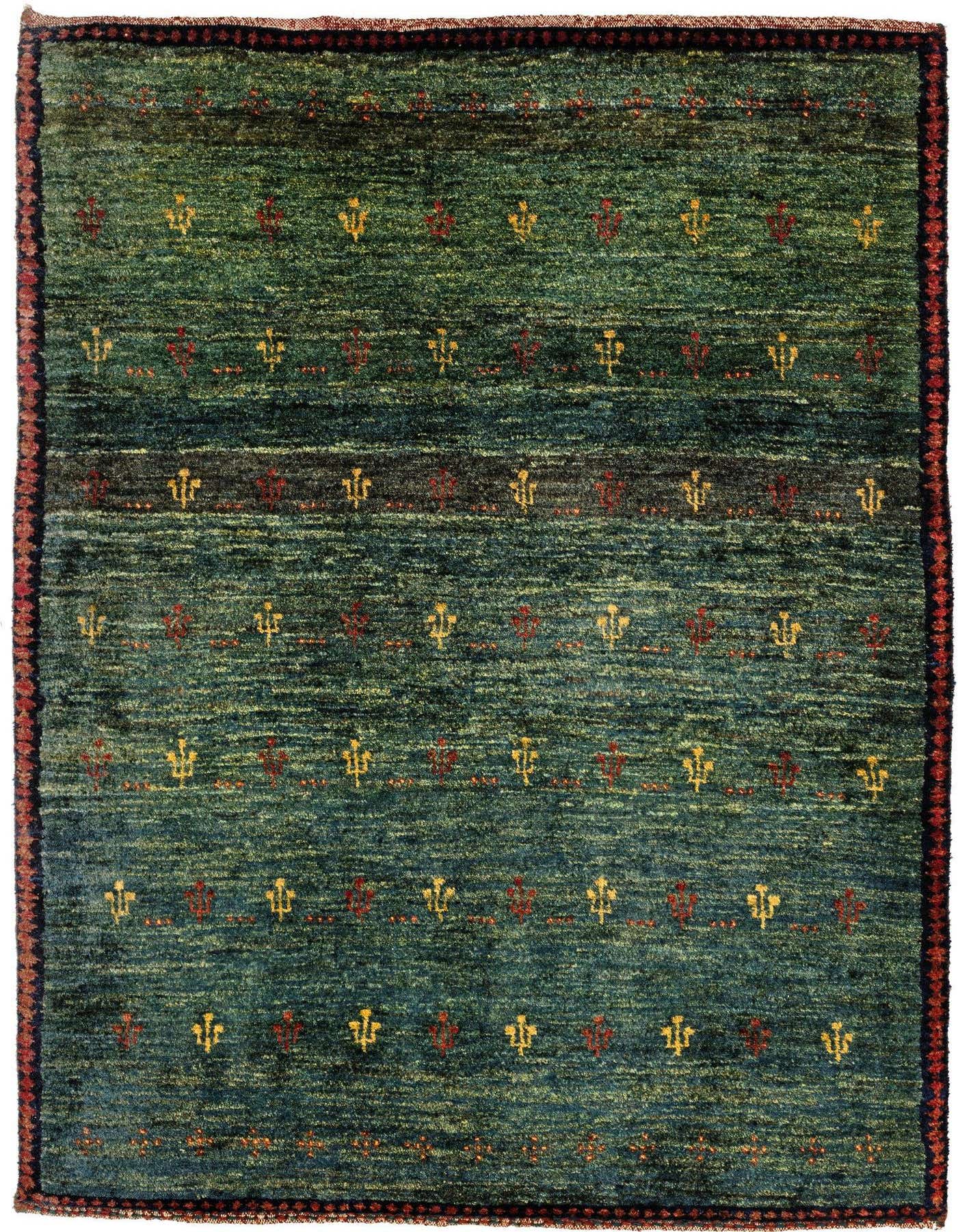 A 3x5 rectangular Gabbeh rug featuring a modern pattern of green, yellow, and red hues, handmade from sheep virgin wool.