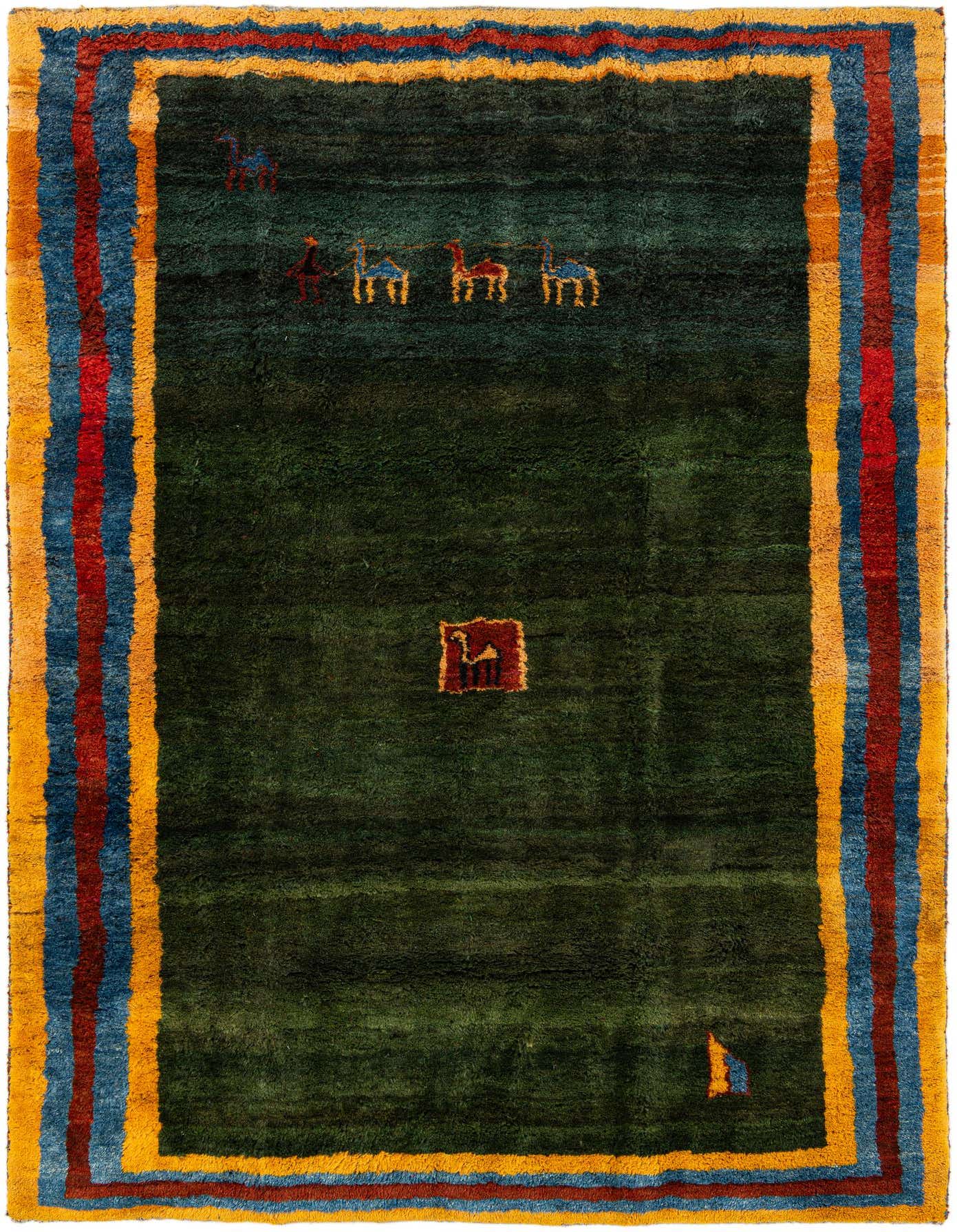 A 7x10 rectangular Gabbeh rug with a deep green field, featuring a gold, red, and blue striped border, and subtle animal motifs.