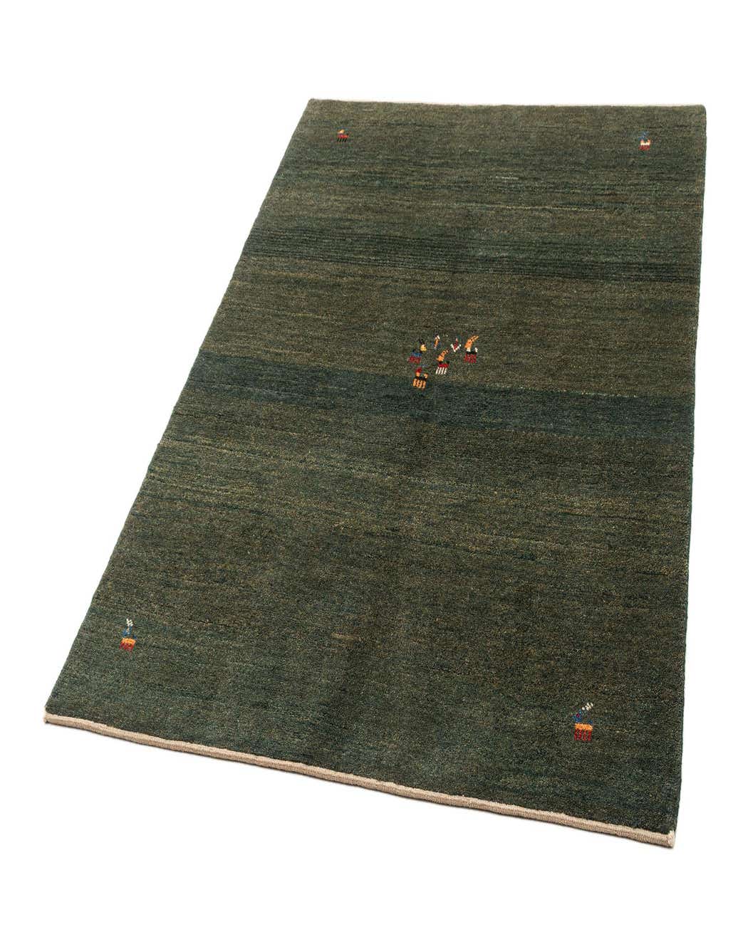 A 4x6 rectangular green Gabbeh Shouli rug with subtle horizontal stripes and small, colorful abstract patterns.