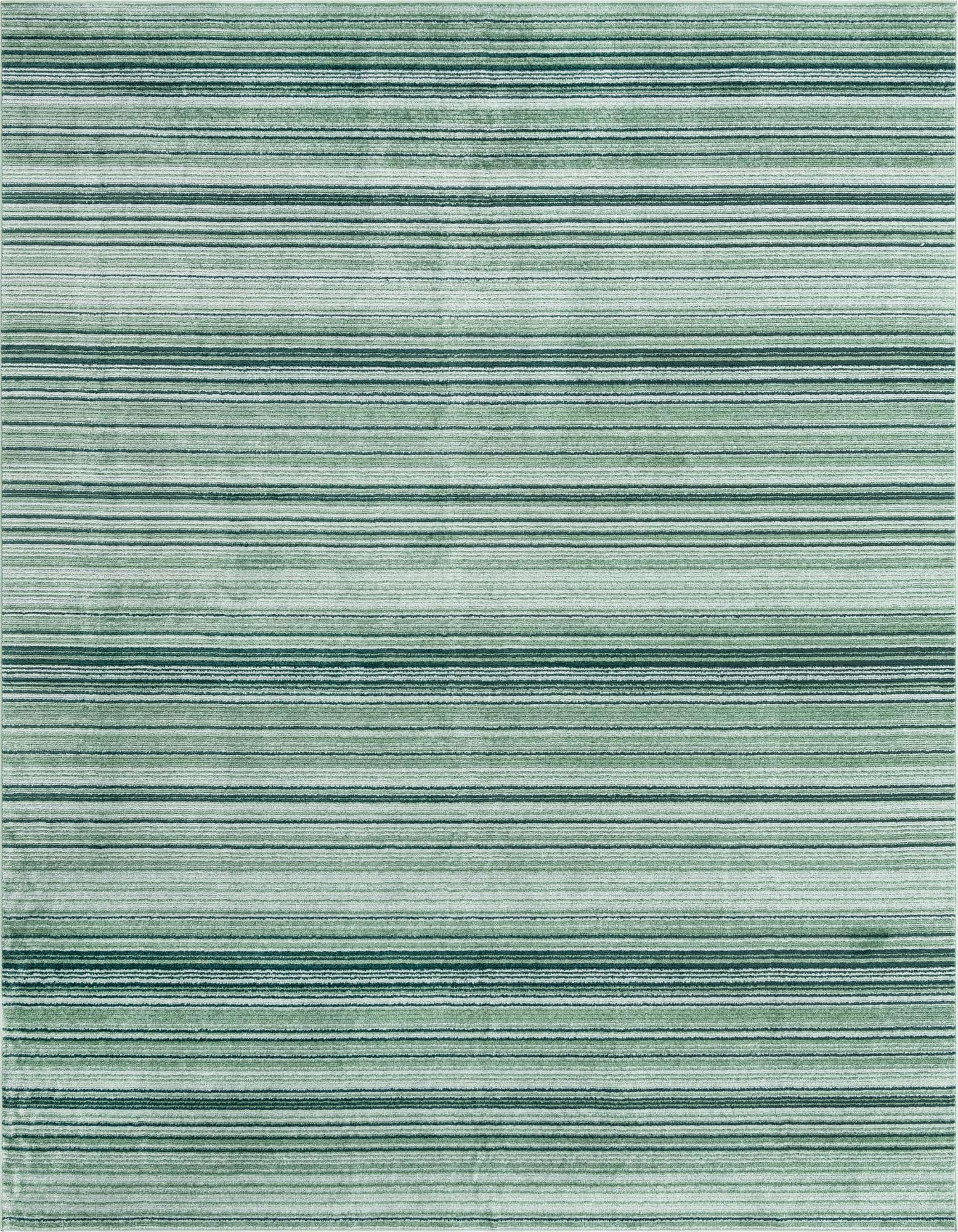 A 9x12 rectangular Gemstone area rug featuring varying shades of green horizontal stripes, creating a modern, textured look.