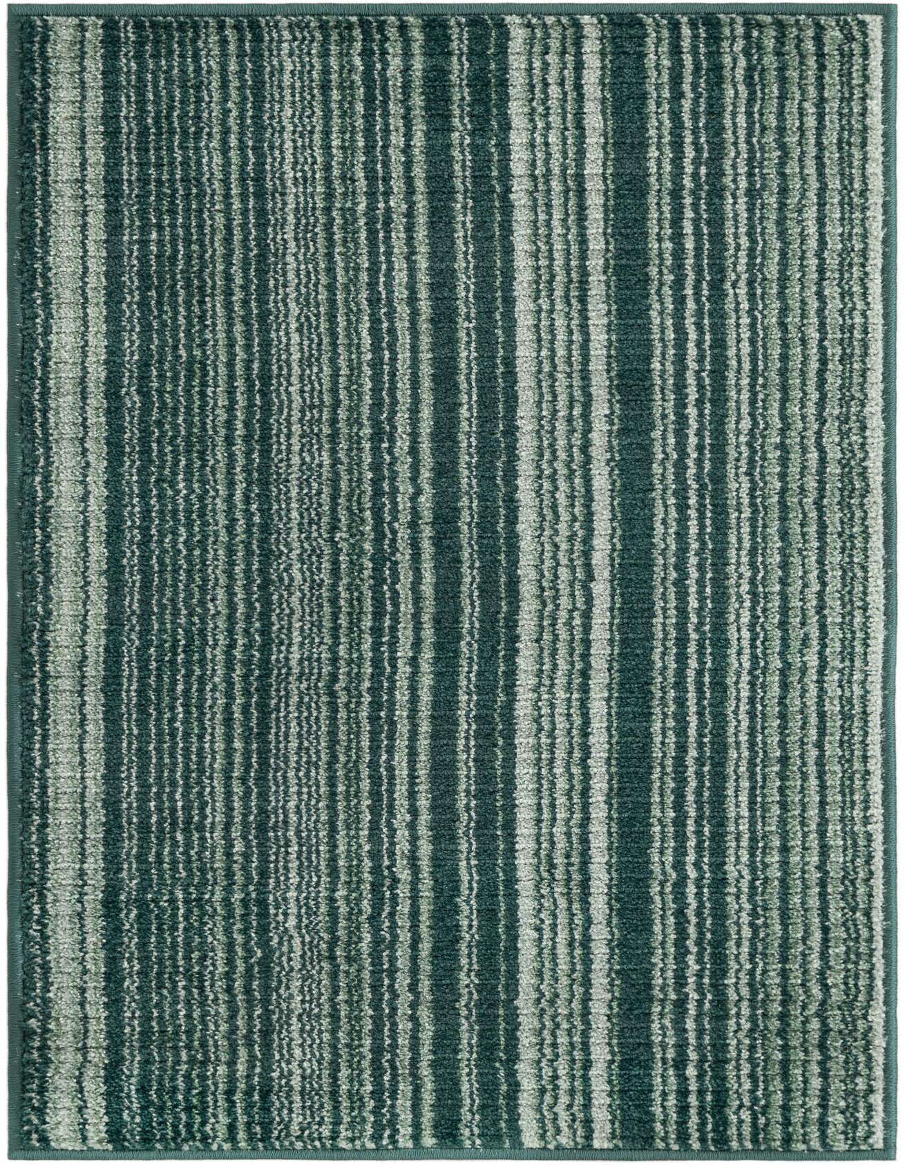 A 2x3 rectangular rug featuring alternating vertical stripes of dark and light green, with a textured medium pile.